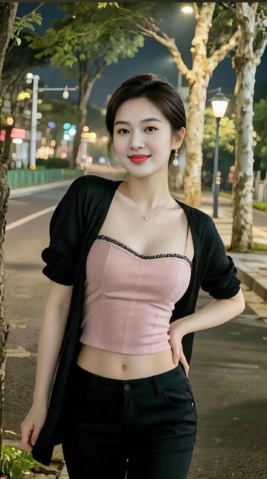 上阕街灯暖过树影，粉衣轻接晚风。黑衫半敞温柔，项链细语从容。