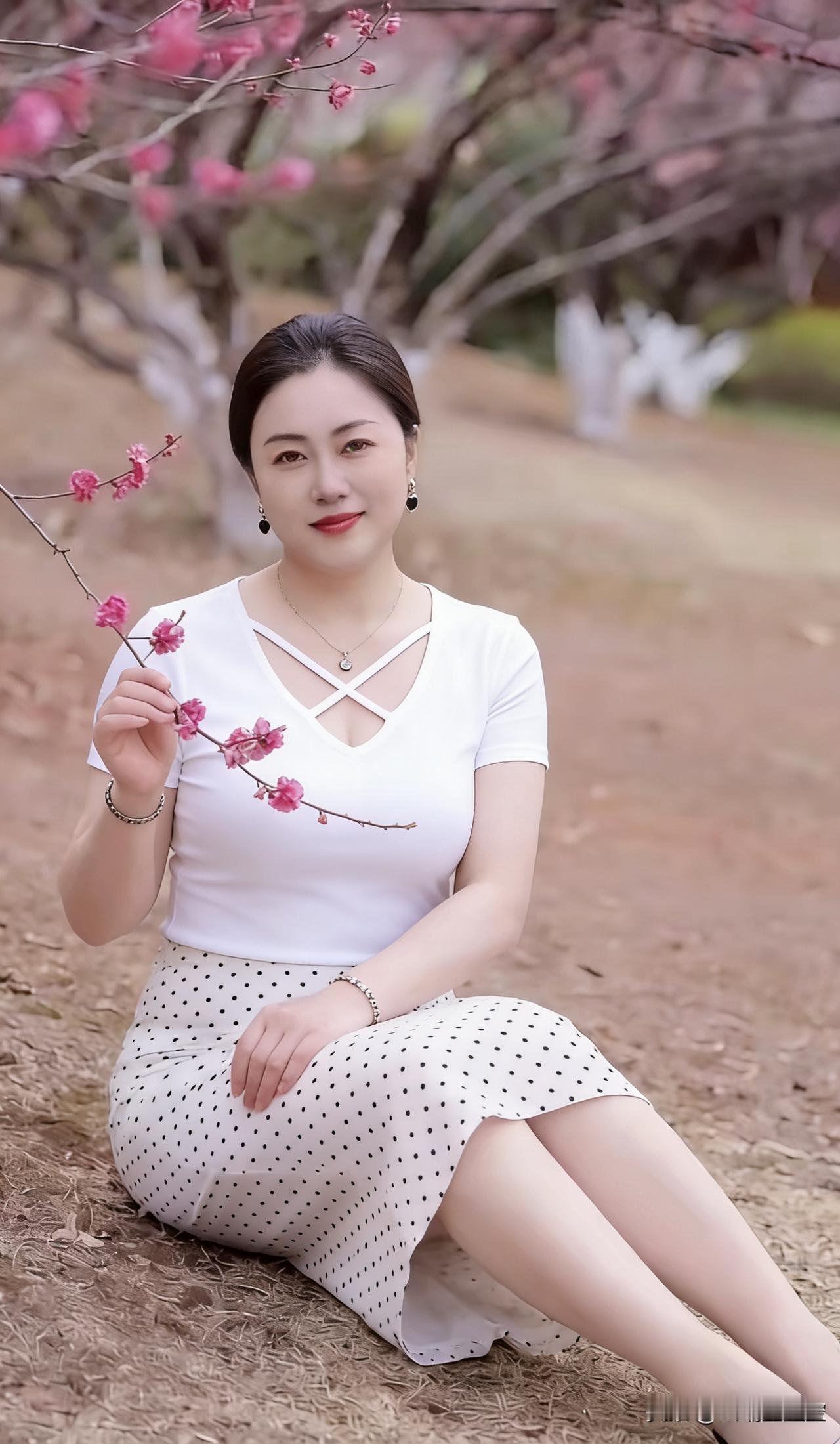 这姑娘坐在树下，手拿粉色花枝，真美！