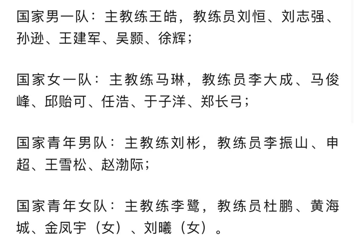 中国乒协确认国家队和青年队教练员名单——还是没有运动员分组国家男一队：王皓，