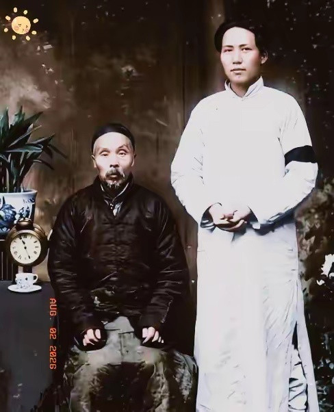 这张定格父子相见的画面十分珍贵。青年毛泽东身着长衫身姿挺拔，臂戴黑纱，神情沉静。