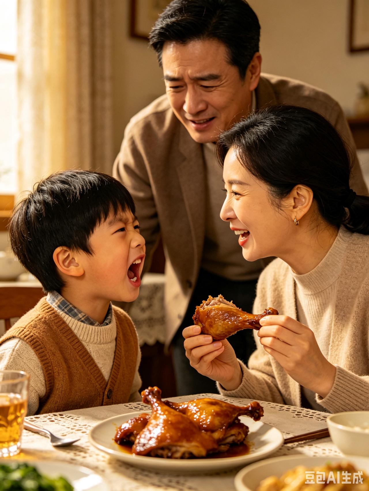 我买了四个鸭腿，儿子吃了两个，看到我也拿了一个后，儿子急得面红耳赤：你就不能给爸