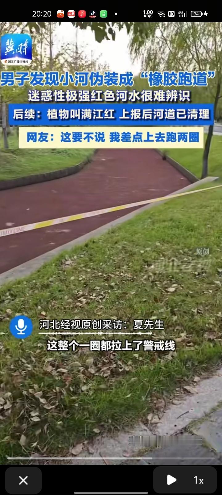 10月25日,江苏扬州。网友发视频称,在学校发现一个橡胶跑道,实际上是河水,不扔