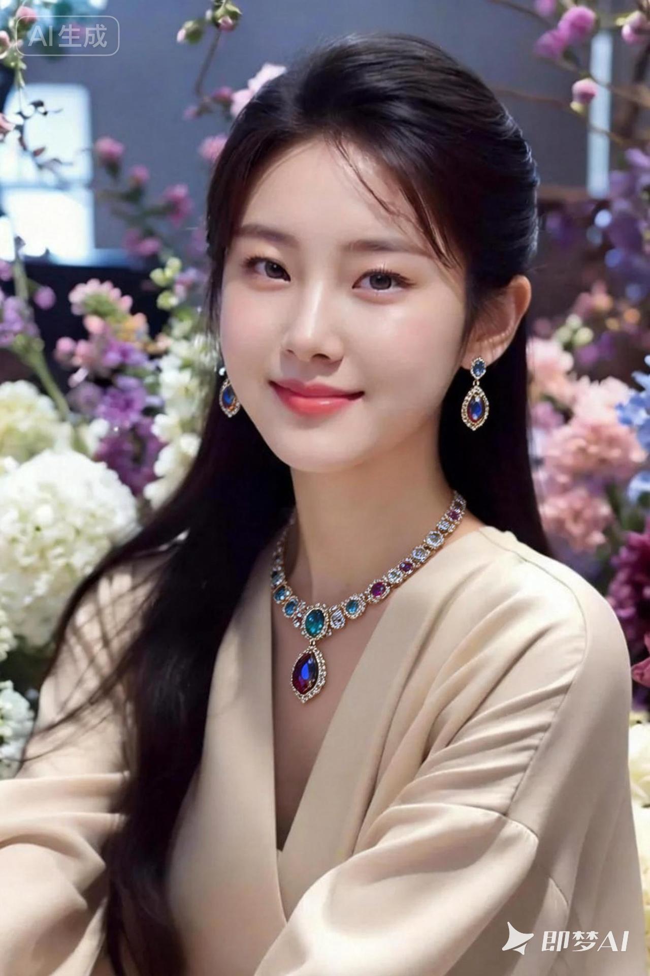 优雅气质，珠宝闪耀，花海中的美丽女神
