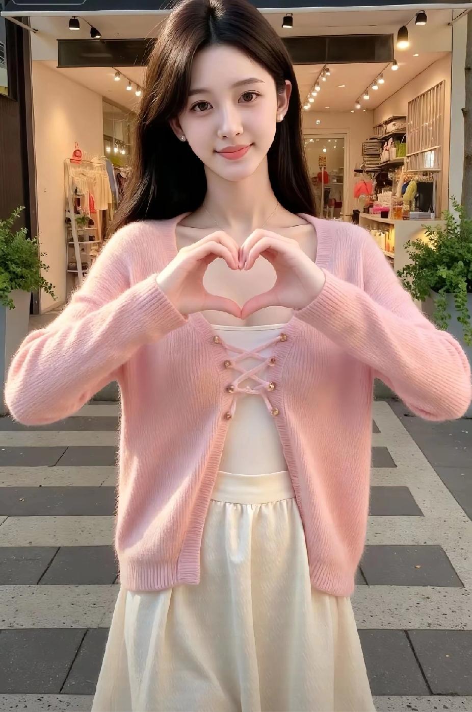 粉色毛衣+白色连衣裙，甜美爱心手势，元气满满的一天