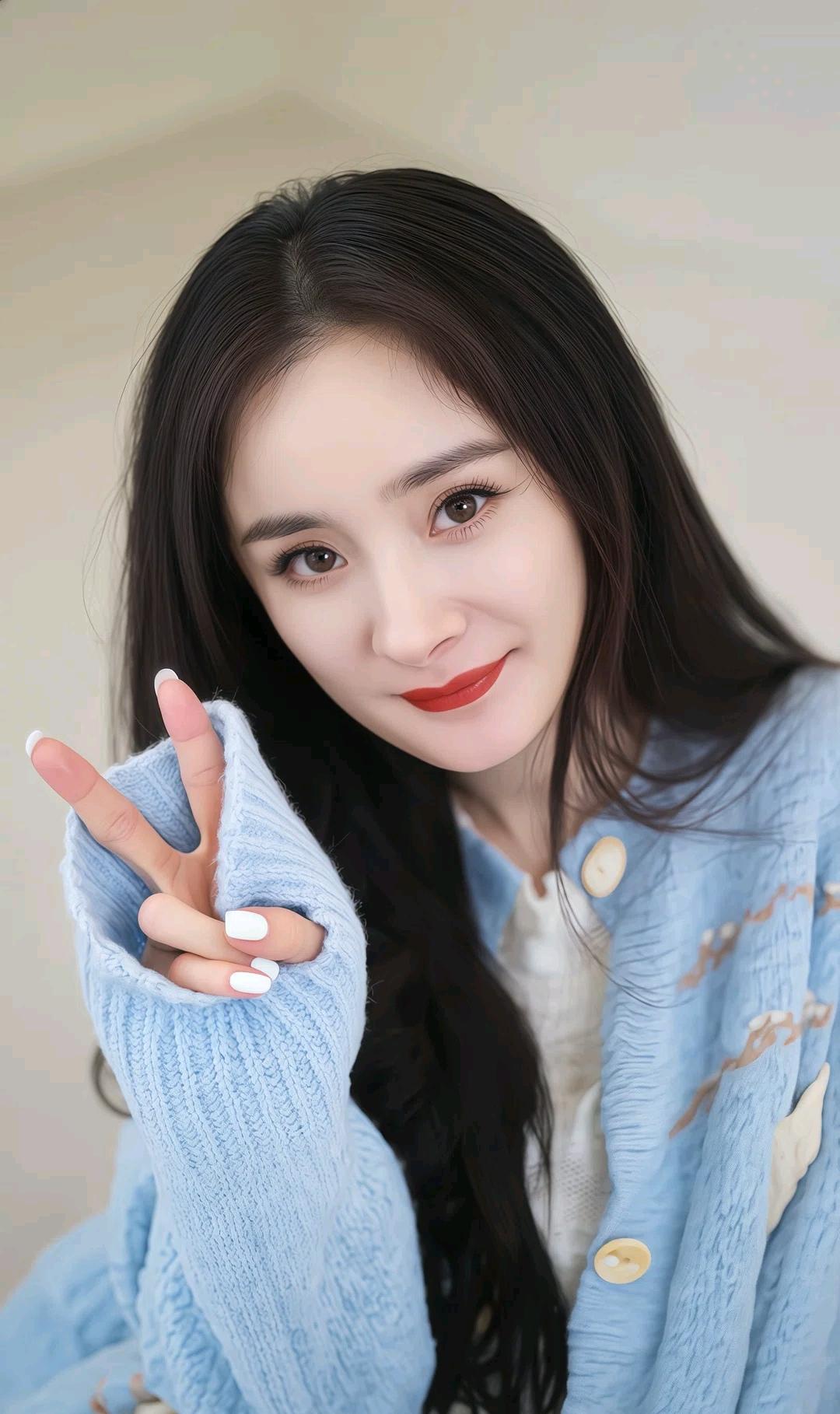 她比着V字手势，笑容甜美。