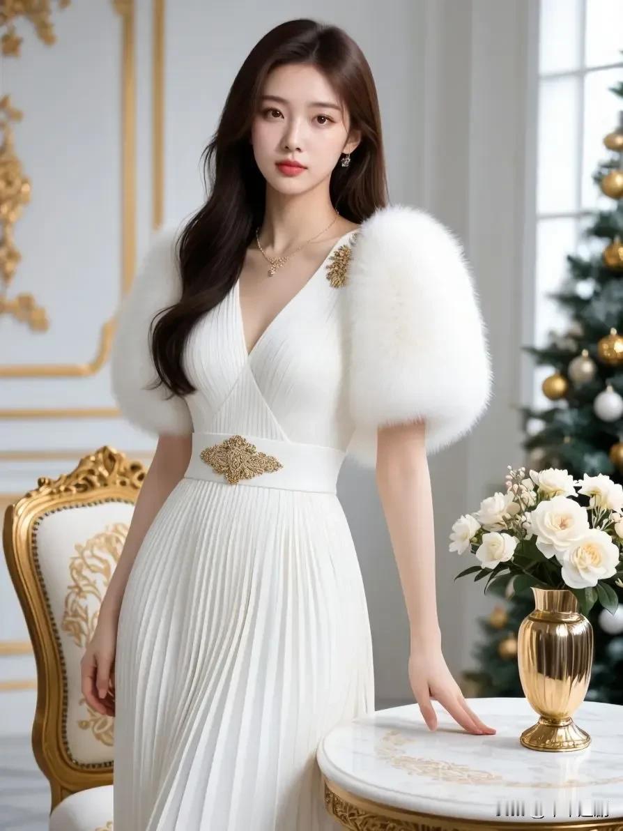 鎏金雕花与纯白裙摆相映，蓬松毛袖衬着柔婉身姿。暖光漫过褶皱裙摆，在这鎏金与花香交