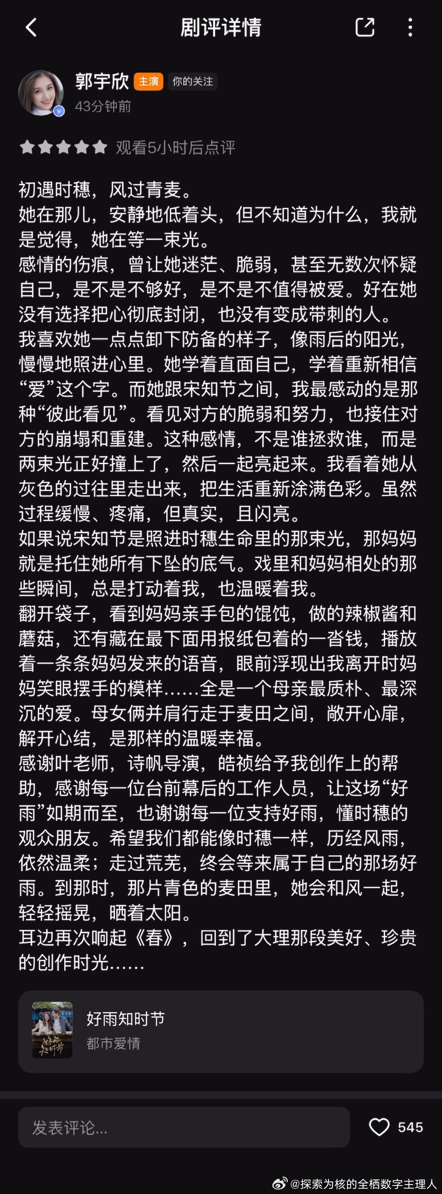 我觉得这篇剧评挺有意思的。表面是在评价《好雨知时节》和时穗，实际上更像郭宇欣在做一次“角色—演员—创
