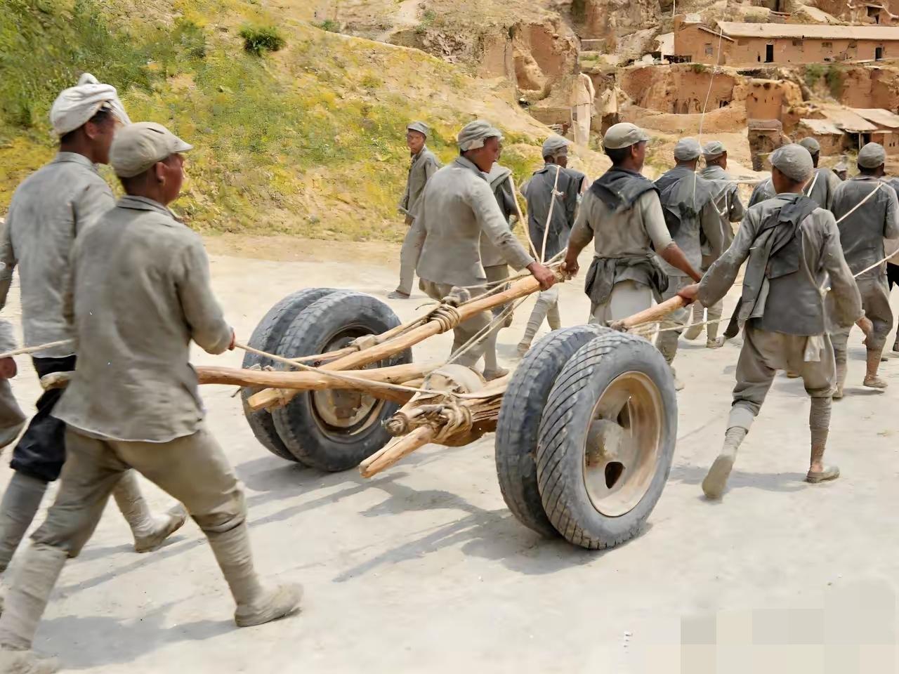 抗日战争时期，八路军在伏击日军的战斗中取得了胜利，战士们合力搬运缴获的日军汽车轮