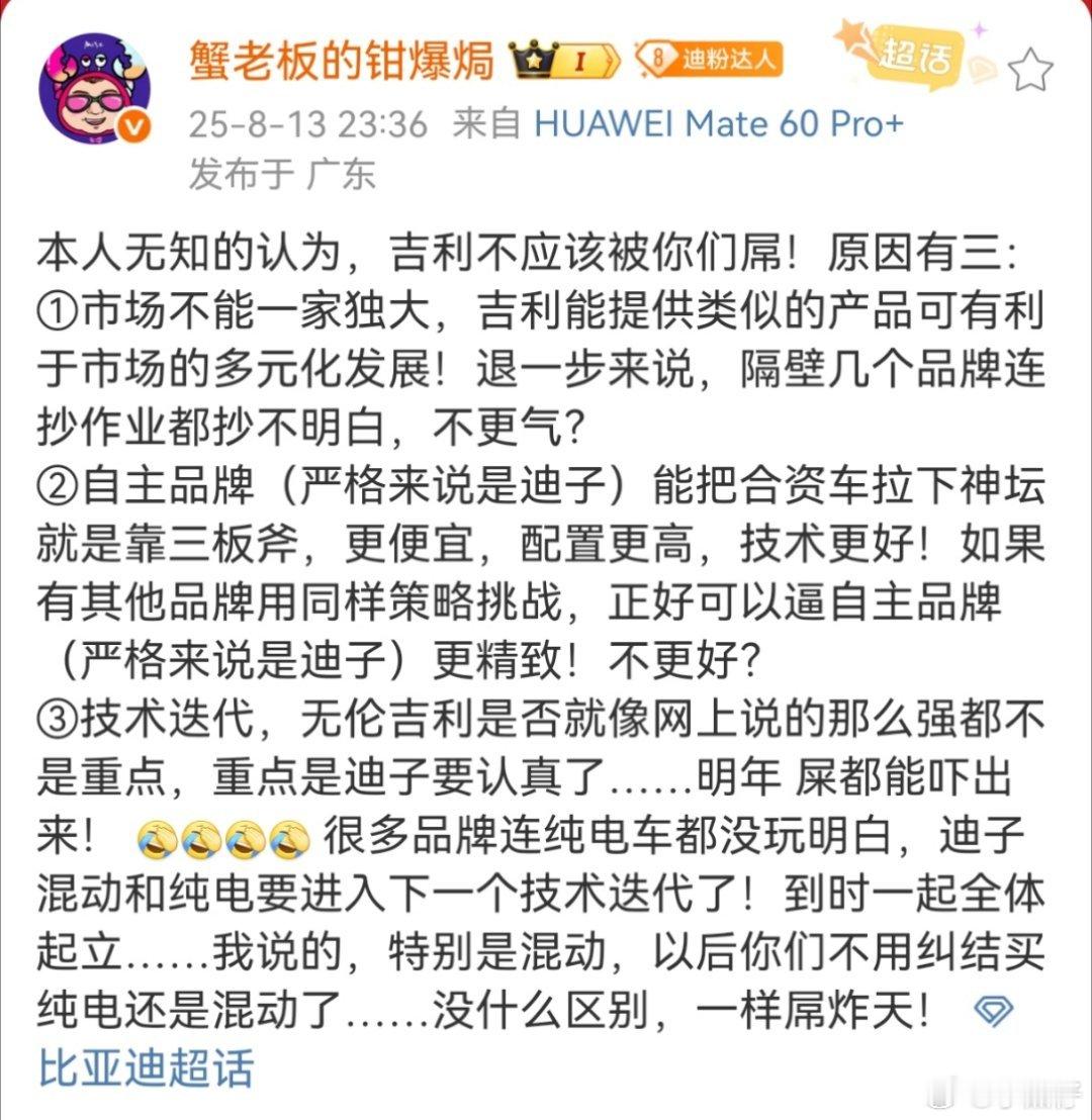 格局打开了，从迪子视角是，你吉利学我迪子搞个同质化产品，这是多元化和围剿合资，而