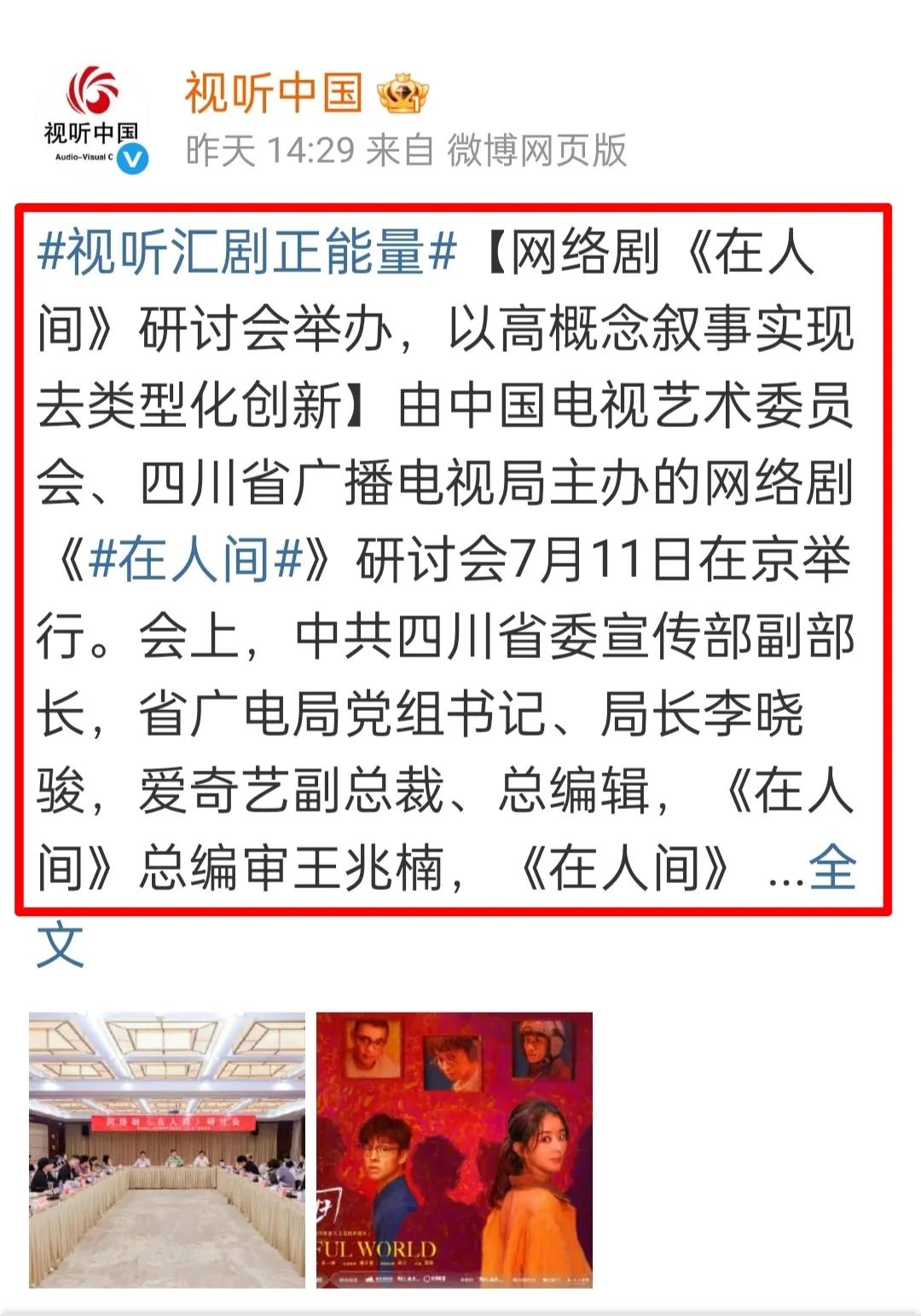 “视听中国”发布并置顶了丽颖《在人间》研讨会的内容和总结，足以说明，对这部剧的认