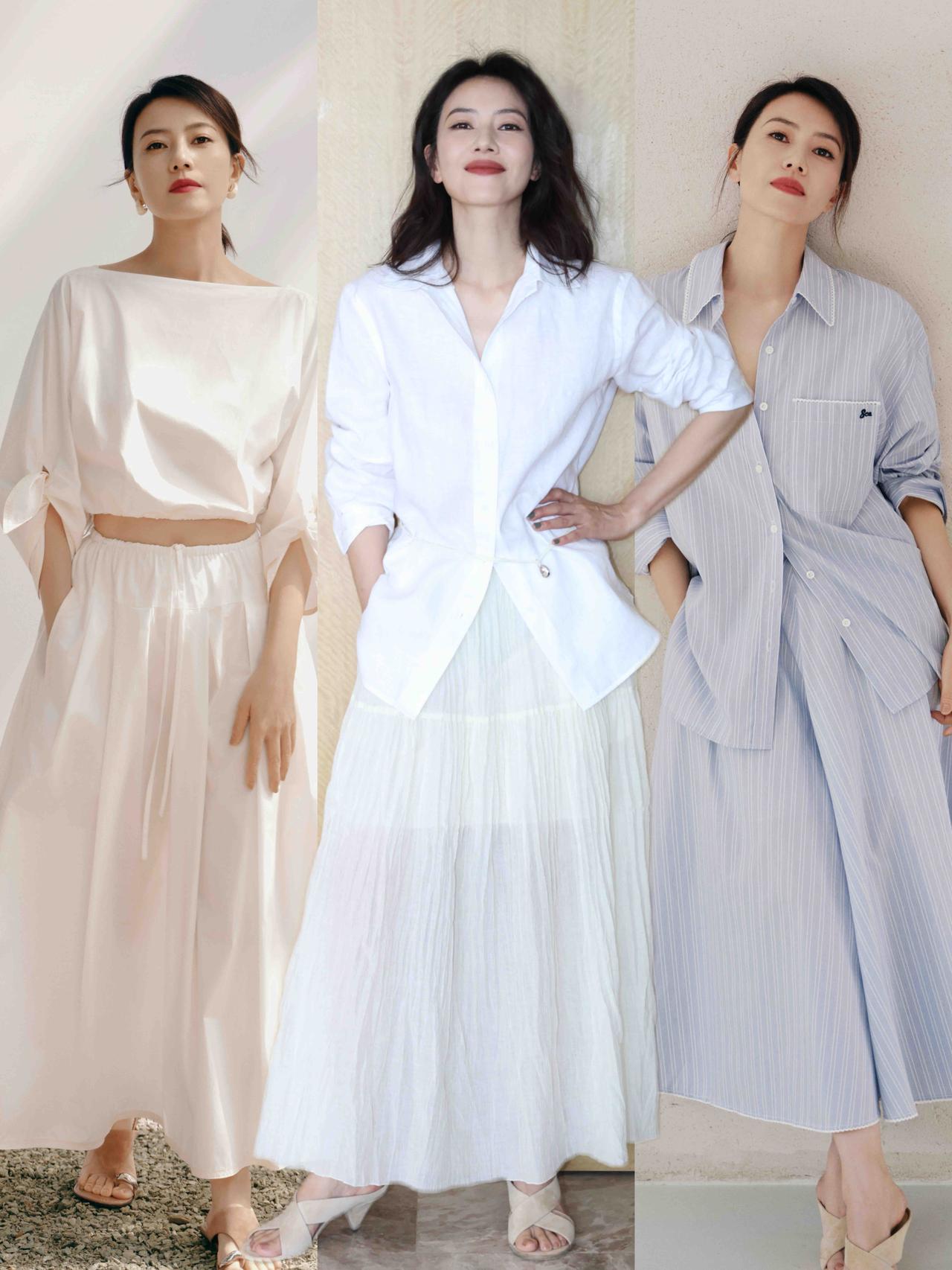 高圆圆穿搭超优雅！这几组造型把松弛感与知性美拿捏得恰到好处。棉麻衬衫、条纹套装