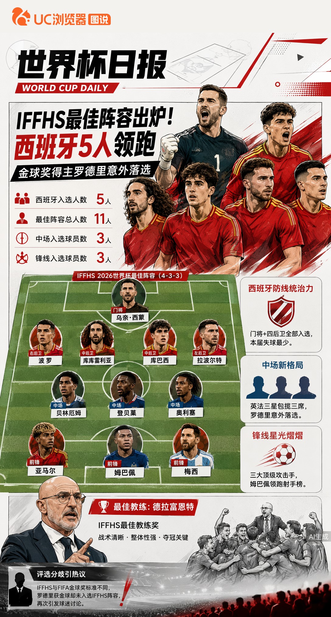 IFFHS最佳阵容出炉！西班牙5人领跑，金球奖得主罗德里意外落选