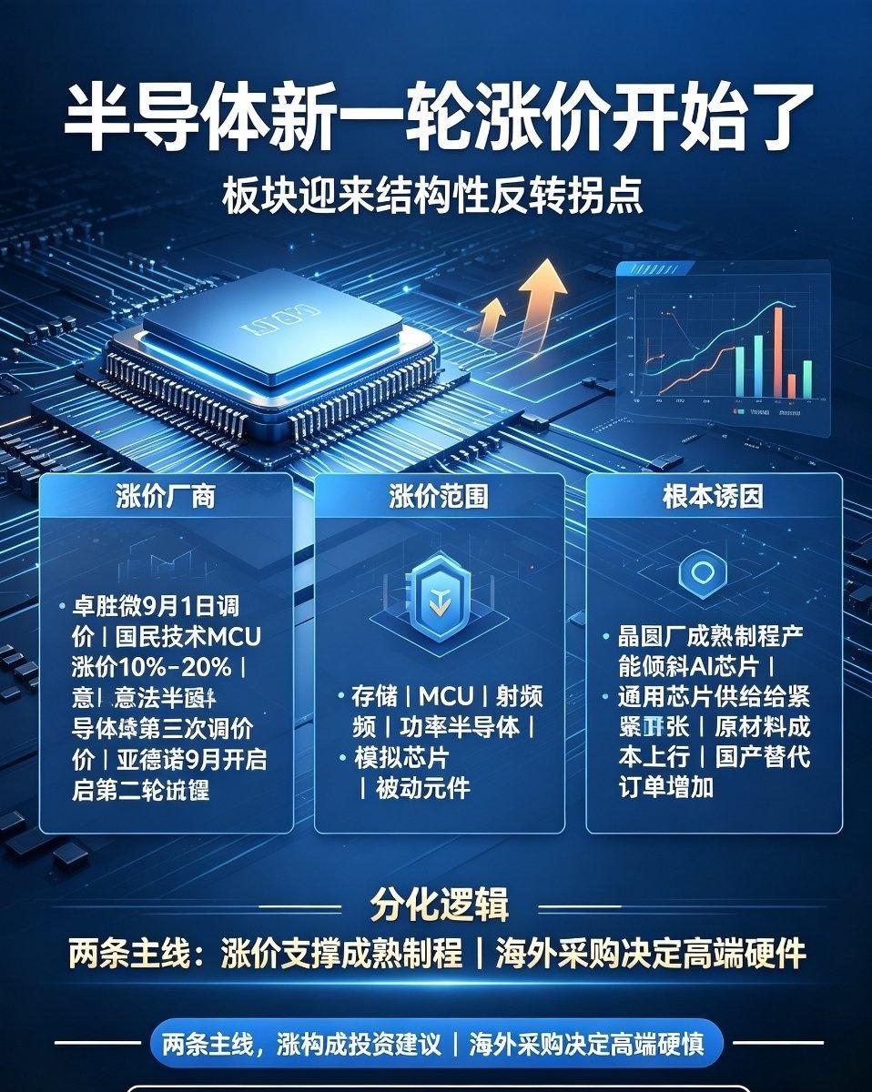 半导体新一轮涨价潮全面开启，行业迎来结构性反转拐点当下半导体行业正式启动新