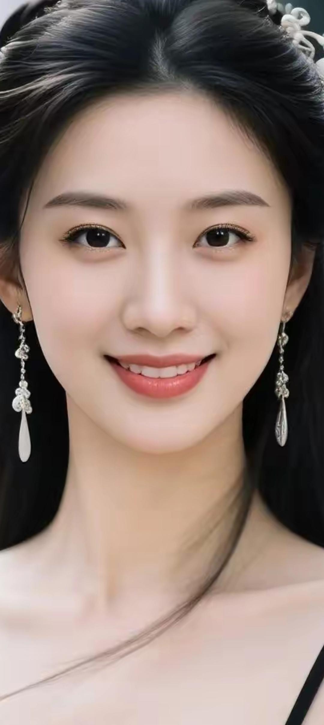 优雅黑发，精致妆容，微笑动人