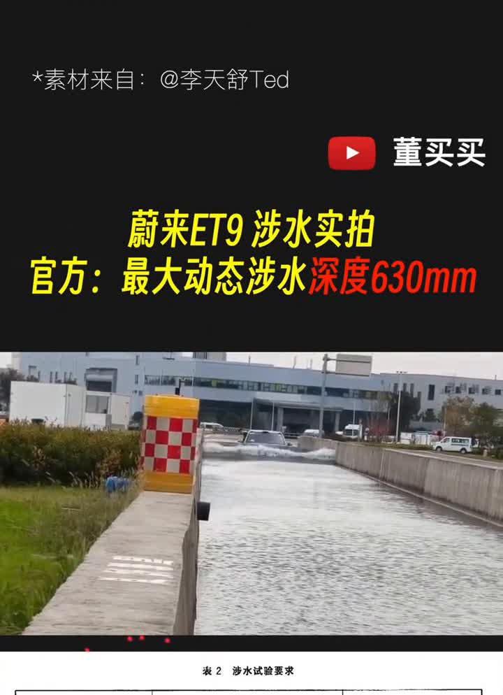 蔚来ET9涉水实拍。李天舒Ted。官方：最大动态涉水深度630mm，是国