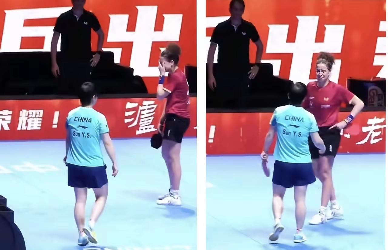 汉娜高达这个孩子，身高马大的，结果被莎莎小不点打哭了。比赛结束握手那一幕，我