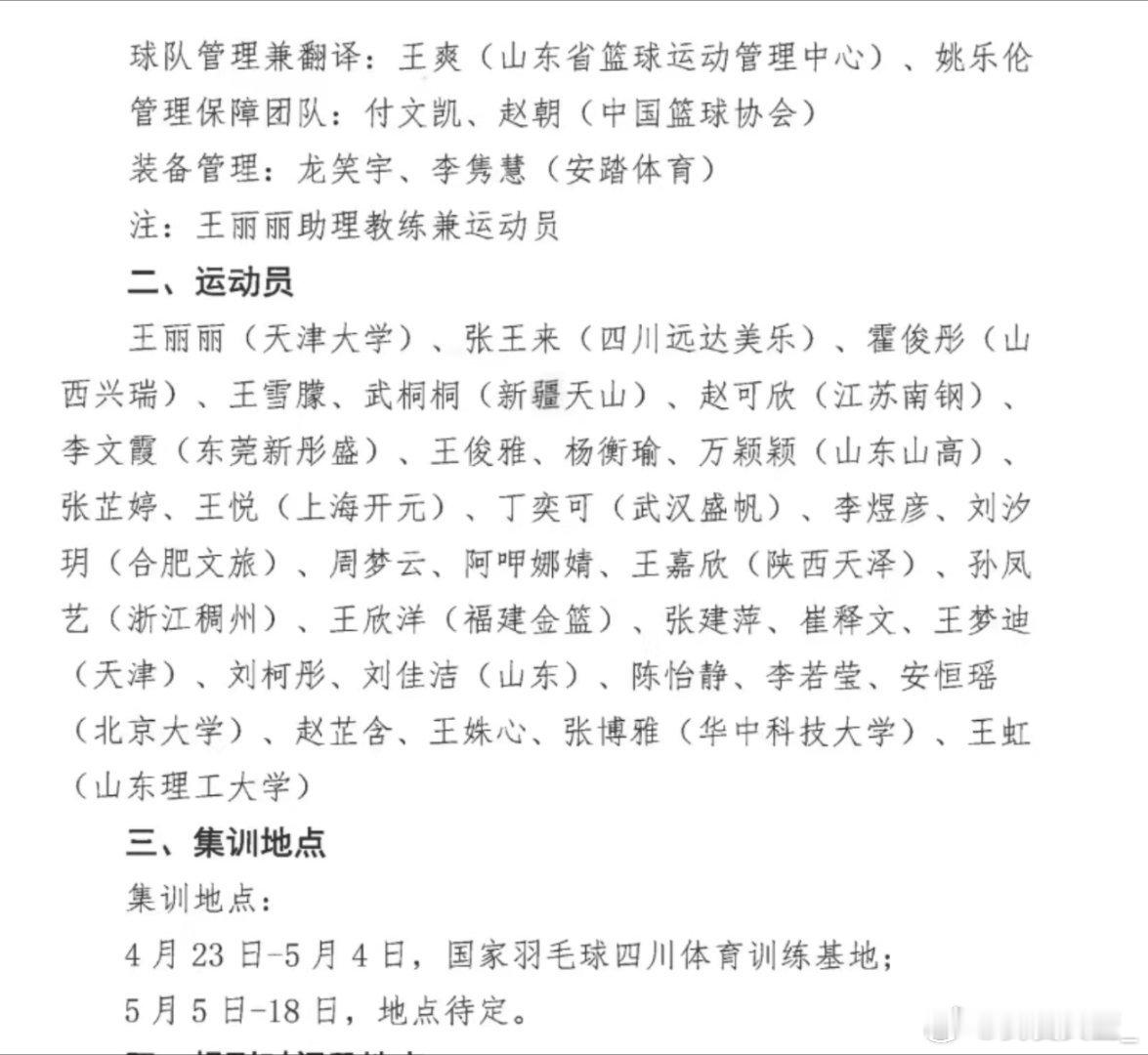 【三篮集训选拔营开启将分队参加系列赛】近日，中国篮球协会官方公布国家三人女篮集