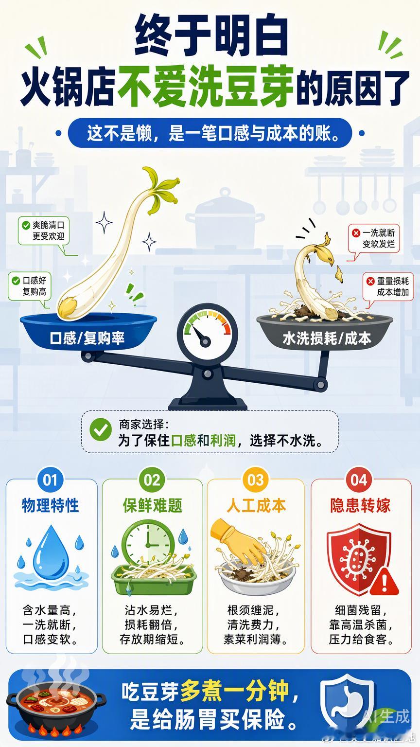 火锅店不爱洗豆芽，背后算的是一笔口感与成本的账。很多人第一反应是商家懒，或者是为