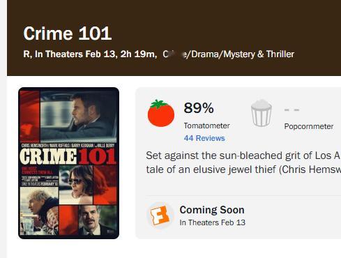 锤哥主演的犯罪动作片《洛杉矶劫案》口碑解禁，烂番茄新鲜度暂时89%（44个评价）