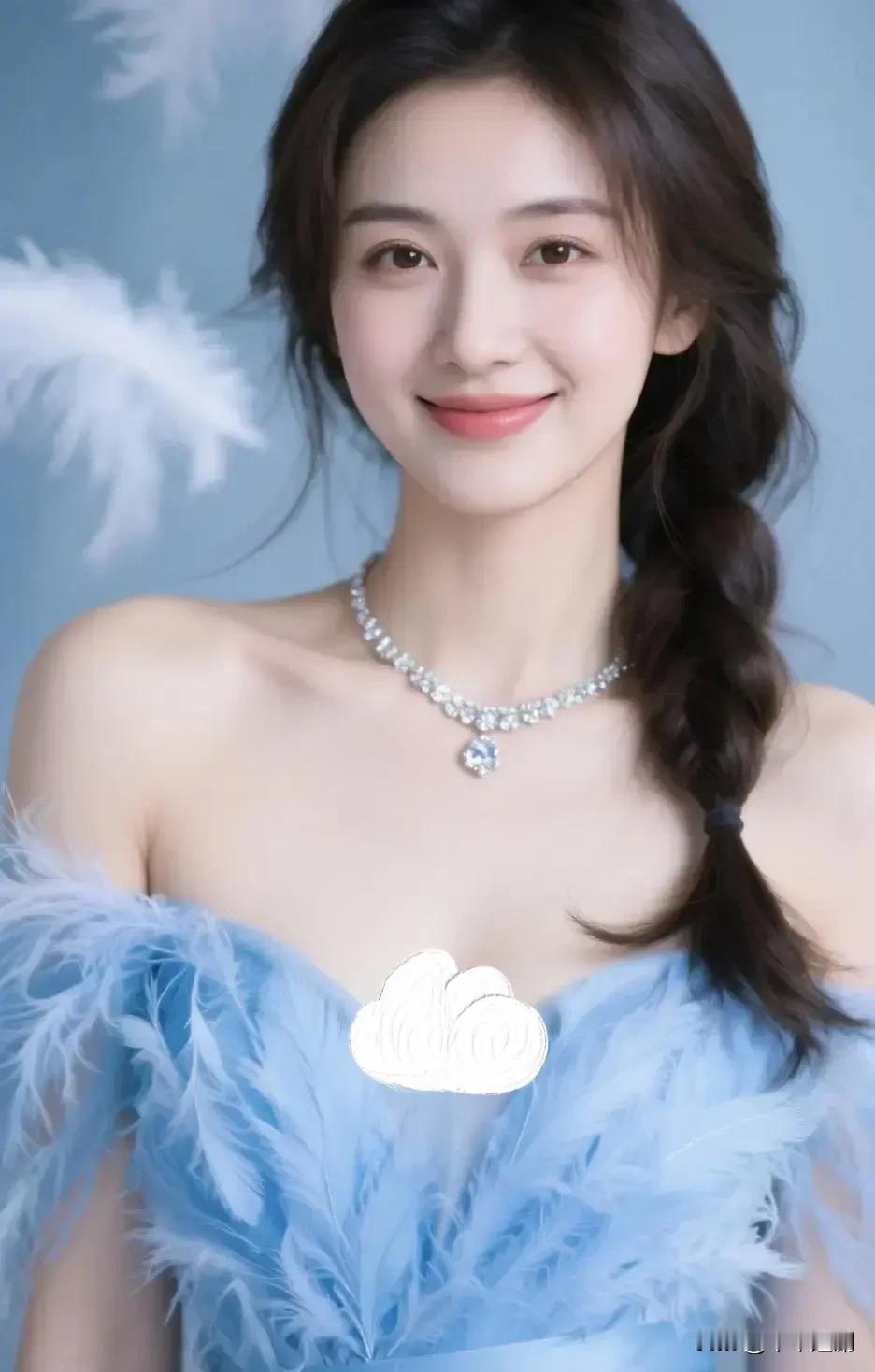 什么样的穿搭可以成为气质女神?淡蓝裙摆裹着羽毛的软，麻花辫垂落时，颈间碎钻随笑