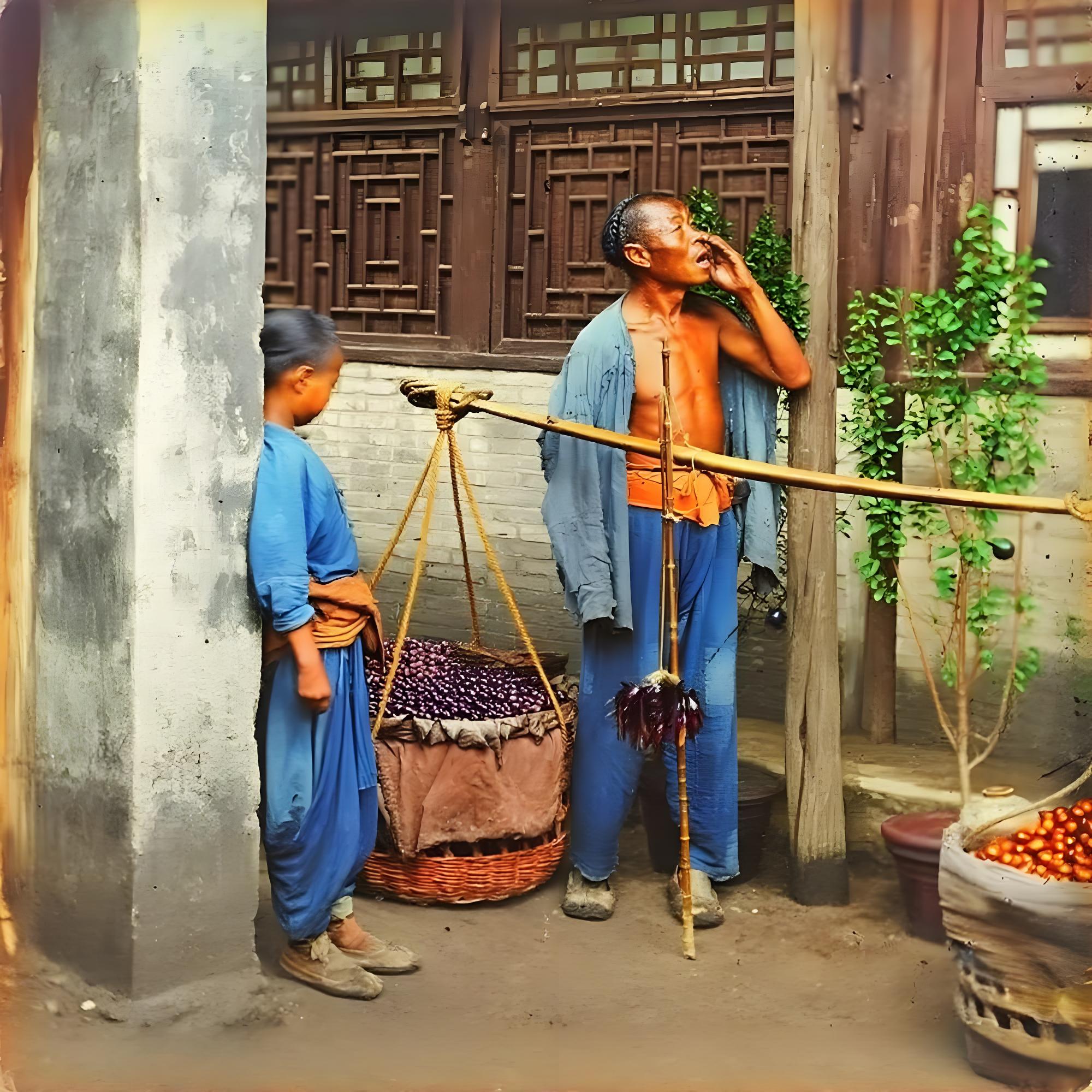 晚清院落里叫卖蔬菜水果的小商贩