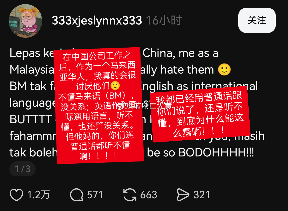 外网1.2万赞高热贴：马来西亚华人大骂他工作的中国公司的中国同事“蠢到连普通话都