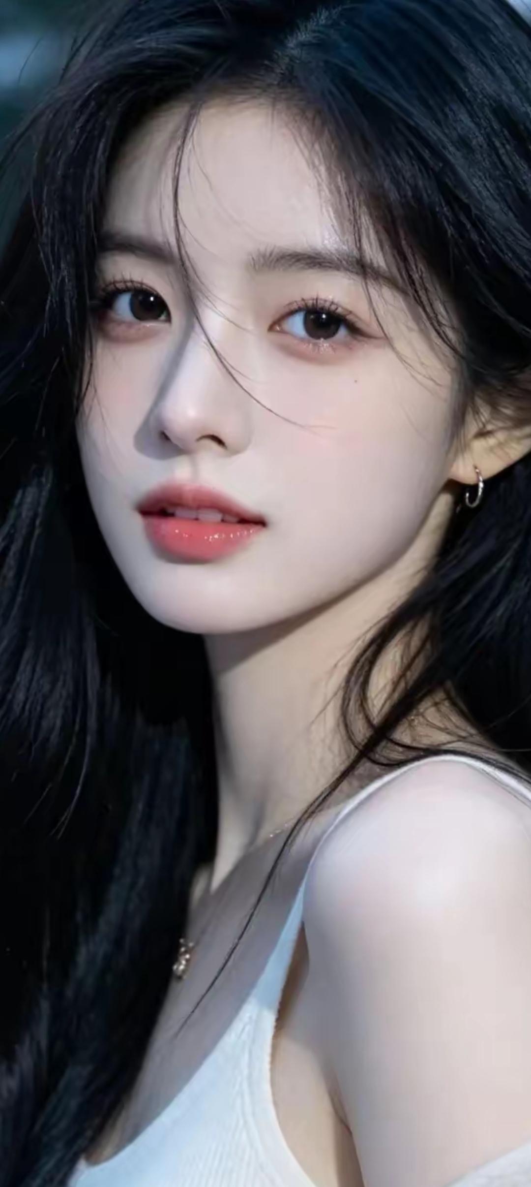 温柔甜美的少女，黑发飘飘，白皙肌肤，红唇微启，宛如画中的仙子。