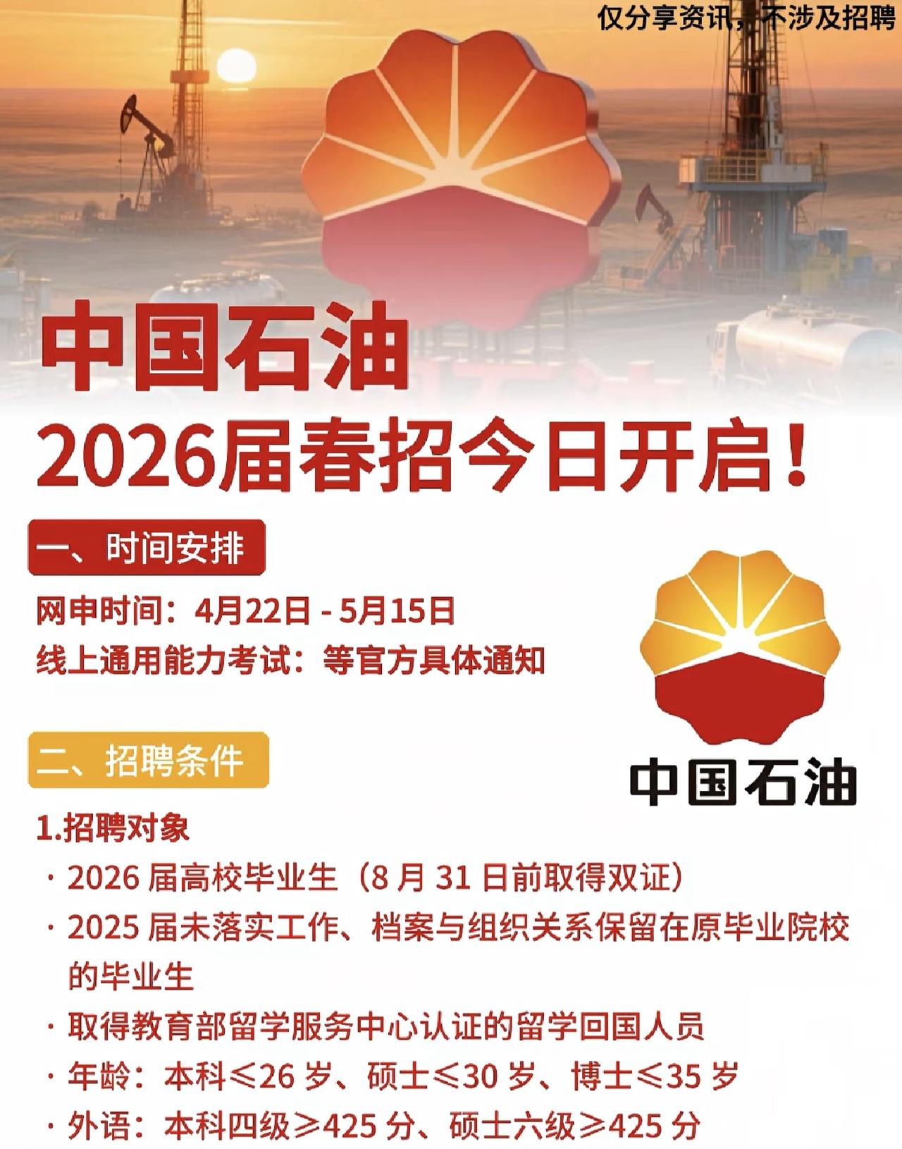 同学们，中石油2026春招已经开始了，网申截止到5月15日。作为央企校招，它的流