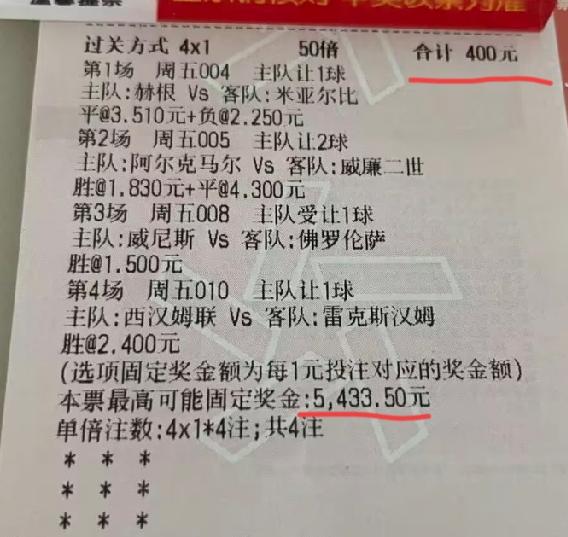 4串1的票，最高赔率是十三四倍，最低赔率只有3.6倍左右，还买了最高的50倍的倍