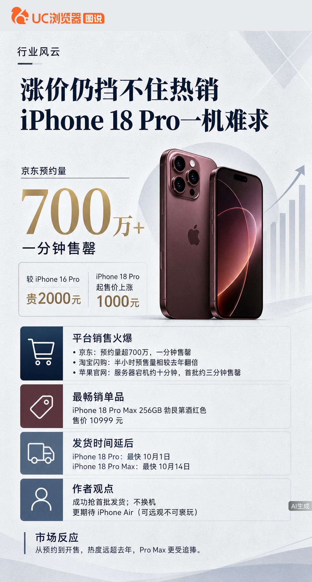 iPhone18Pro全系涨千元，京东预约超700万、一分钟售罄，官网都宕机了。最抢手的是万元酒红P