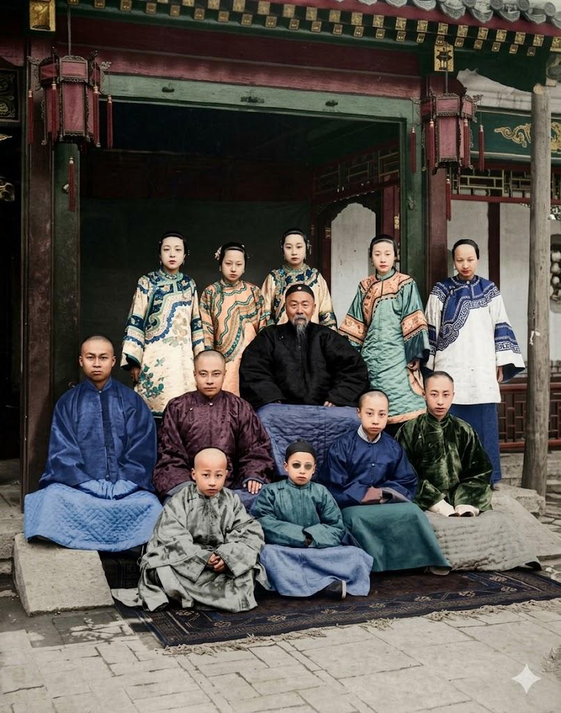 这张老照片是李鸿章全家福，褪去了李鸿章“晚清裱糊匠”的政治光环，只留下一位儿孙满