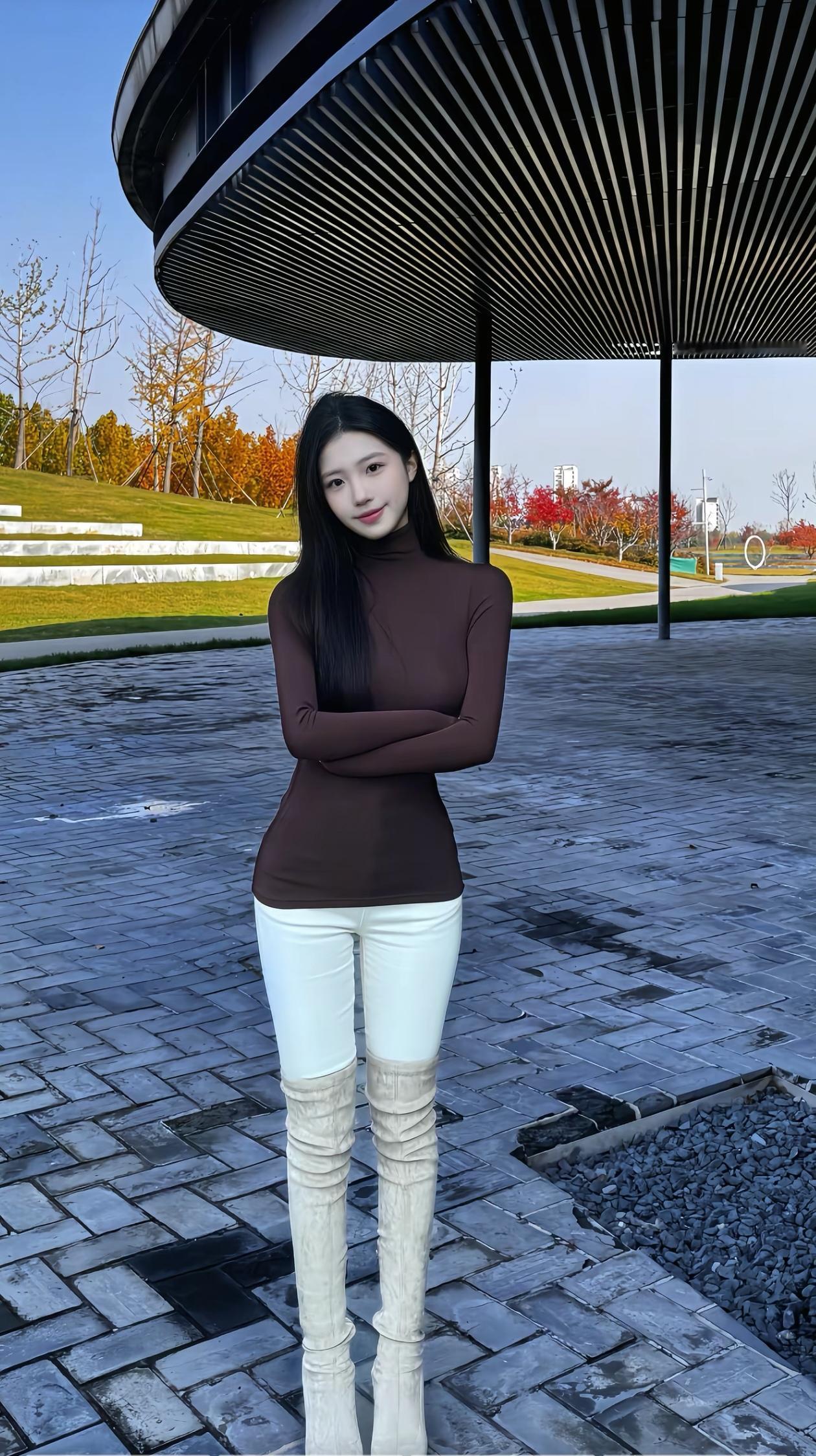 秋日暖阳下的时尚穿搭，长靴与高领毛衣的完美搭配，尽显优雅与自信。