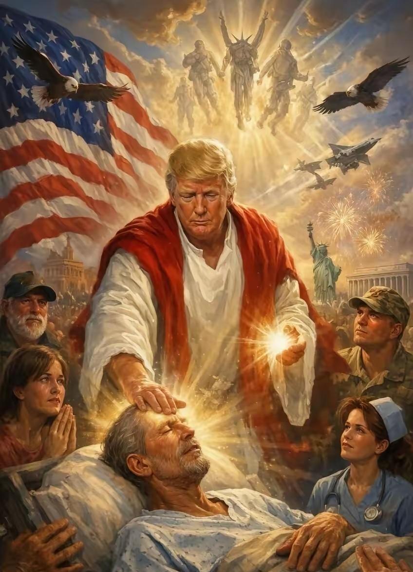 特朗普刚刚在自己的社交账号上，发布了一张图，把自己描绘成耶稣基督。​图片元素非