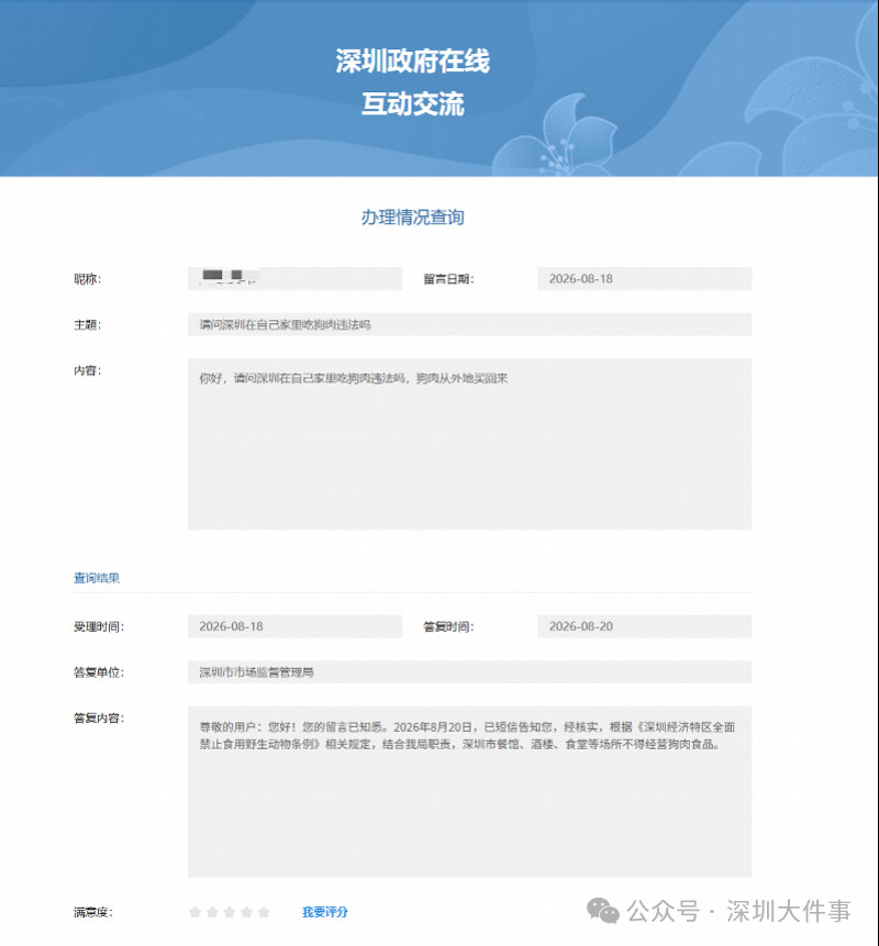 #深圳官方回复在家吃狗肉是否违法#【市民问“在家吃狗肉违法吗”，深圳官方回复】#