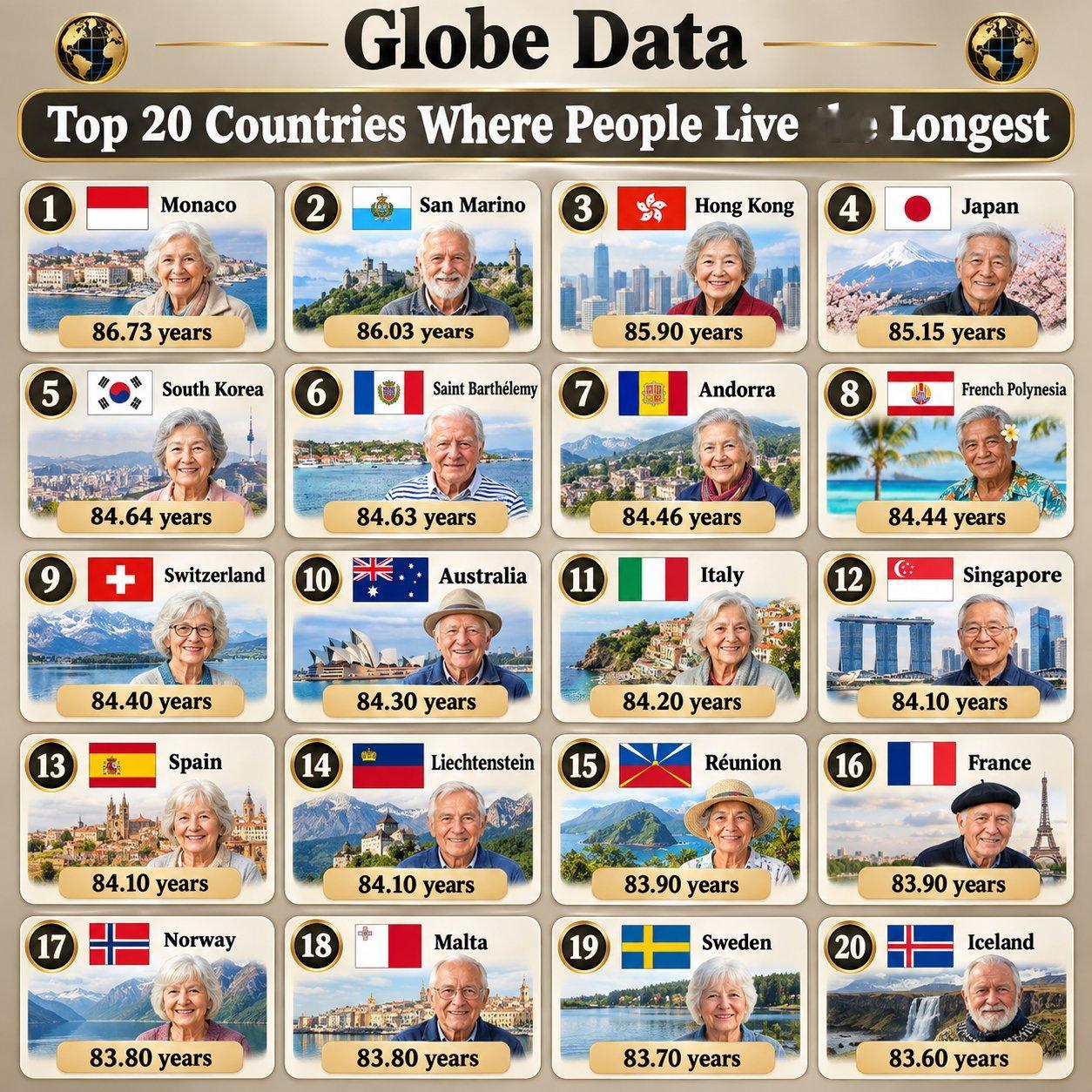 人类寿命最长TOP20国家/地区​​​