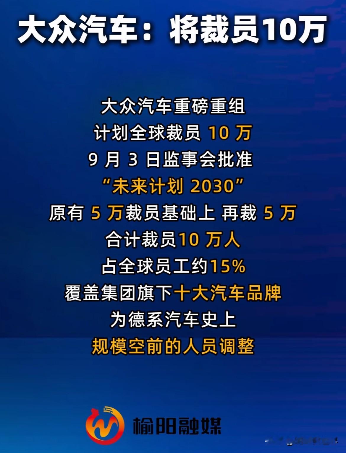 大众汽车怎么也撑不住了？据传要在全球范围裁员10万？9月3日大众官宣，在原有全球裁员5万的基础上再追