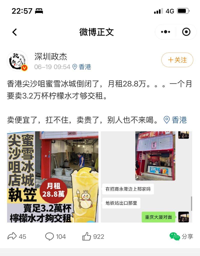 蜜雪冰城攻得下泰山、守得住峨眉，却栽在了香港——月租28.8万，一杯柠檬水才4块