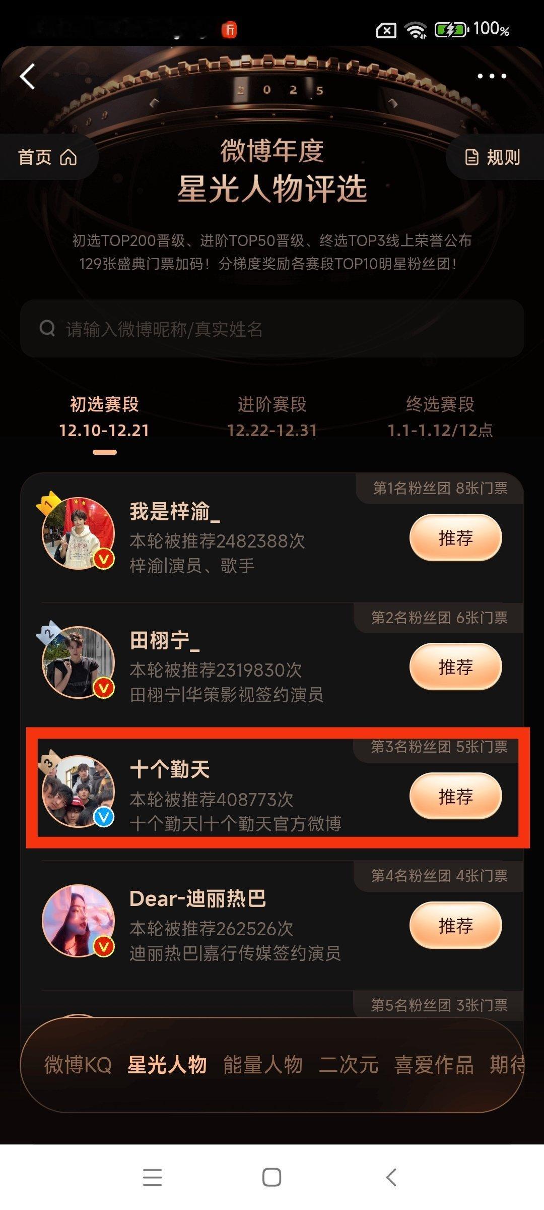 2025年微博之夜投票。新晋流量年年有，十个勤天还是前三名。黄星邱鼎杰的票数还不