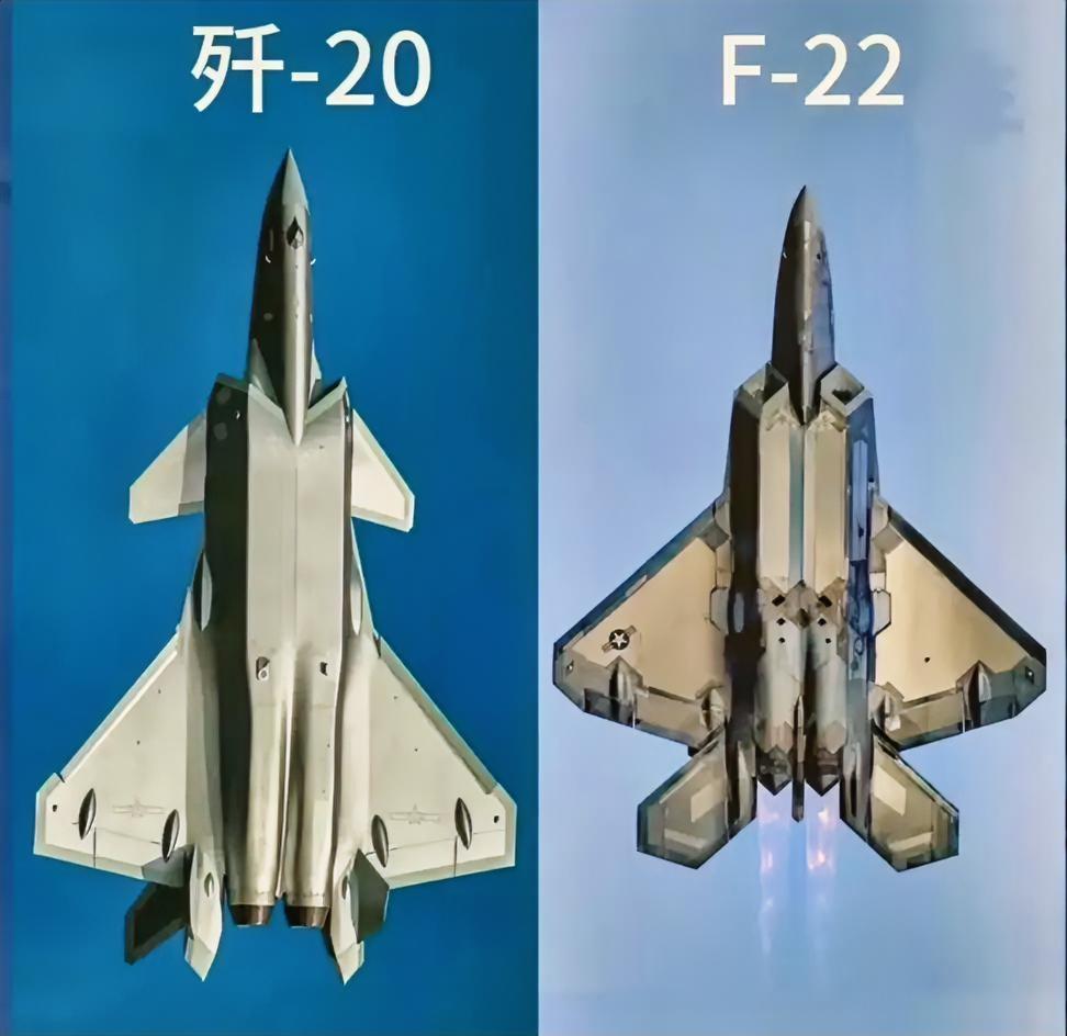 从机腹视角看，歼-20整体上比F-22更大。歼-20的机身长度超过21米，翼展接