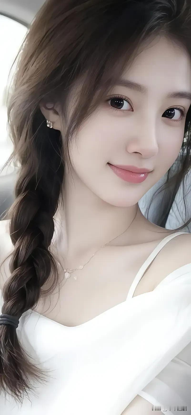 编发垂在肩侧，白裙裹着软光，抬眼时笑意漫进眼底，连风都沾了清甜。长发白裙造