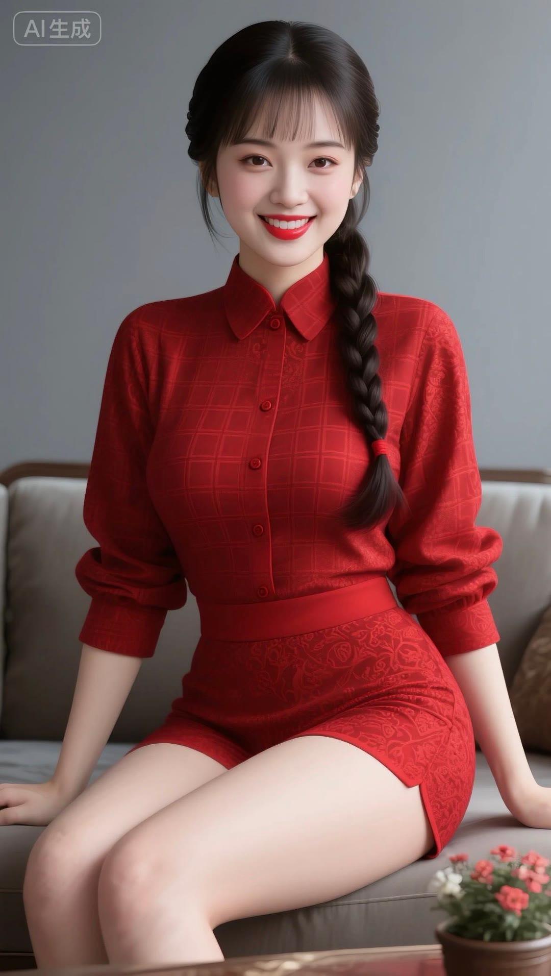 红衣美人坐，笑语如花枝。