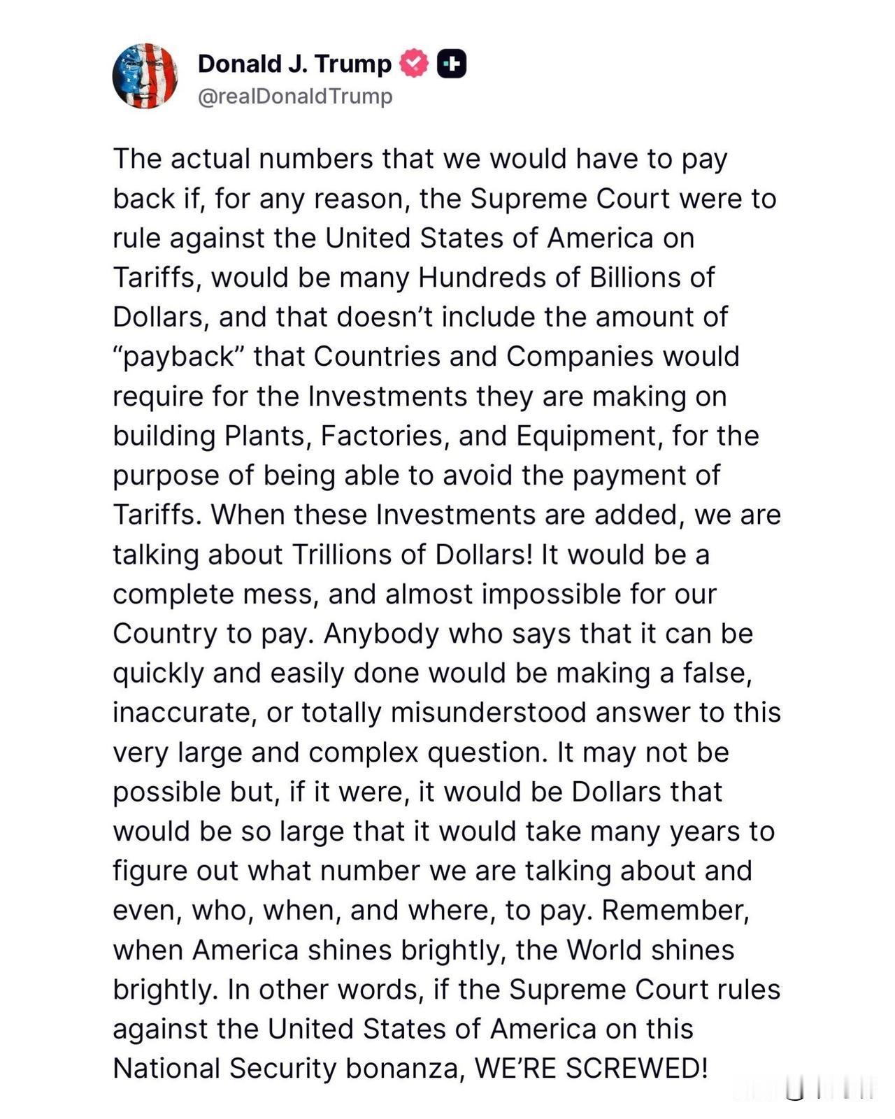突发新闻：特朗普总统刚刚表示，如果最高法院不维持他的关税政策，美国就“完蛋了”。