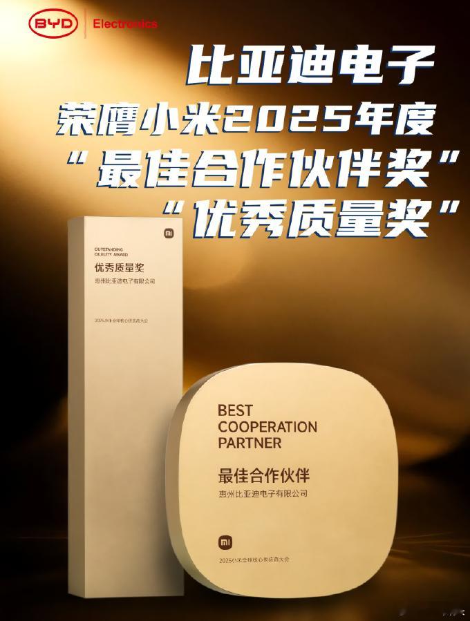 在2025小米全球核心供应商大会上，比亚迪电子荣获小米集团颁发的“最佳合作伙伴奖