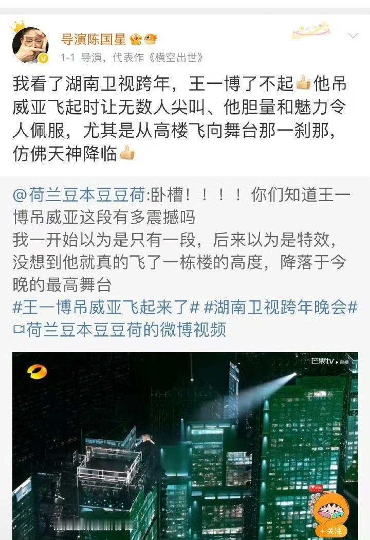 金鸡导演评价王一博：我看了湖南卫视跨年，王一博了不起👍🏻他吊威亚飞起时让无