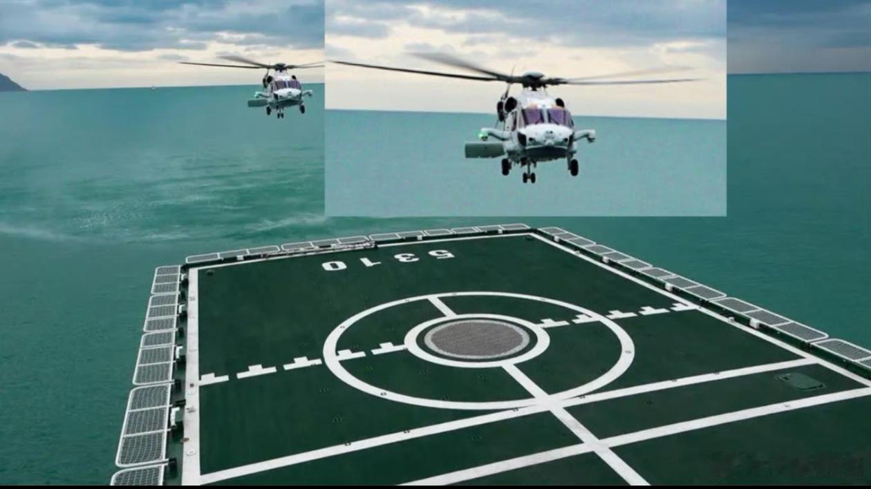 直-20J海军突击运输型直升机在海警5310舰的直升机甲板上降落。海警5310舰