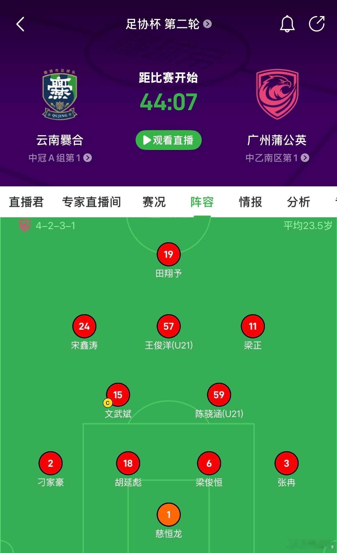 中国足协杯第二轮广州蒲公英的比赛一会开始，看这套阵容客队果然是替补上阵啊，也有