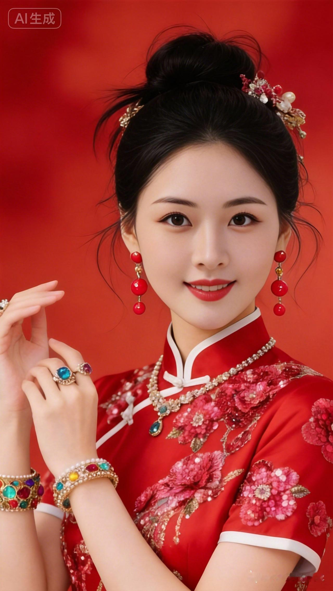 惊艳的东方美人，红衣华服，珠宝闪耀，古典优雅。
