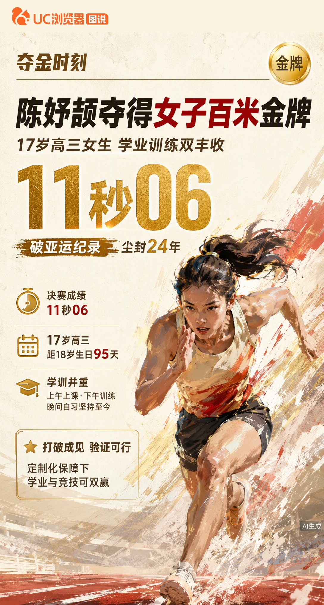 17岁高三女生陈妤颉跑出11秒06，打破尘封24年的亚运女子百米纪录！上午上课下午训练，这枚金牌验证