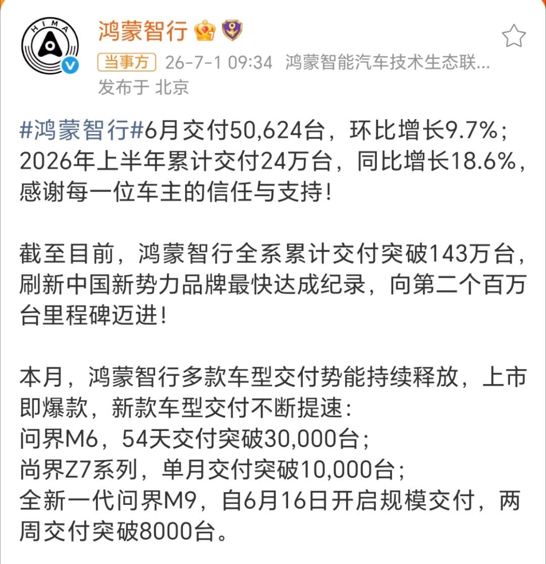 这个月鸿蒙智行发战报挺早，6月交付50624台尚界那边尚界Z7系列6月份交付破万