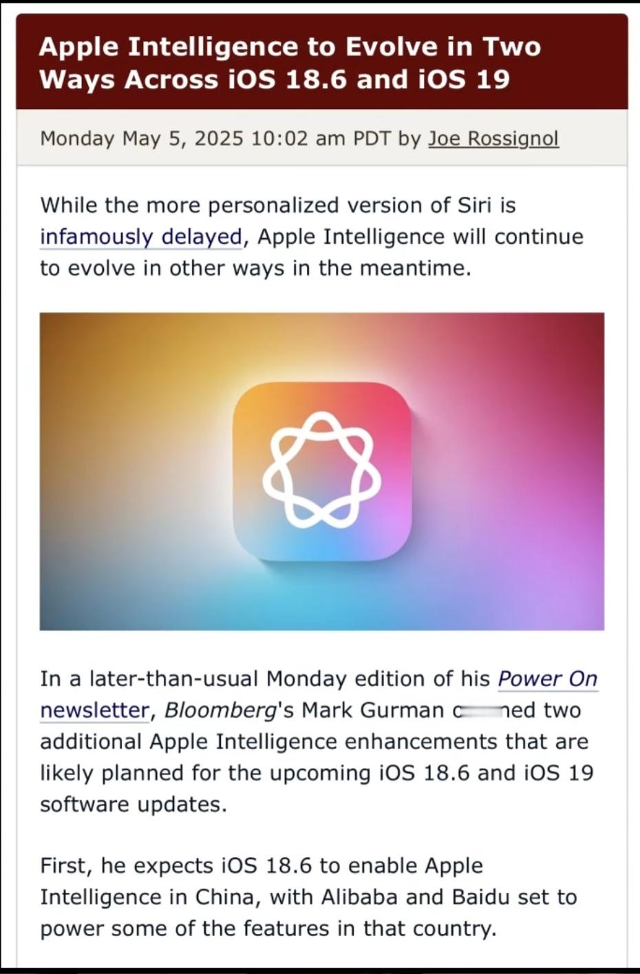 网传iOS18.6将正式带来大陆地区的AppleIntelligenc